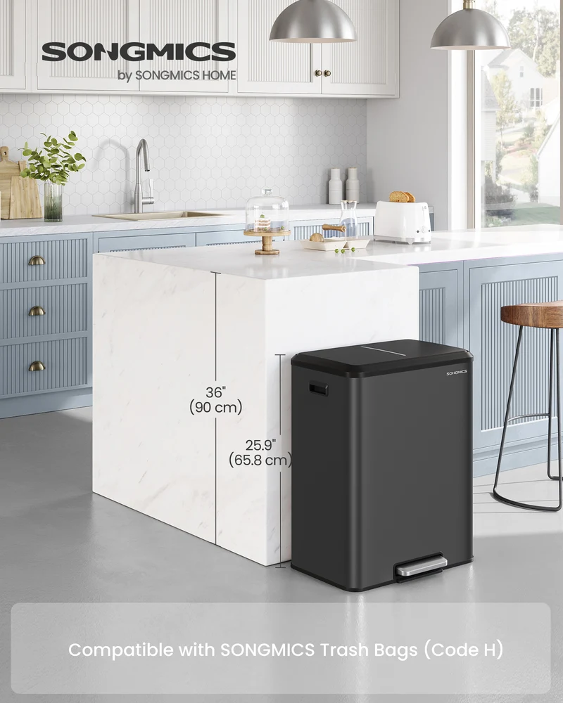 8 Gallon Double Trash Can, 2 x 30L Stainless Steel Recycling Bin with Soft-Close Lid & Removable Buckets, Dual Compartment Garbage Can for Kitchen, Ink Black