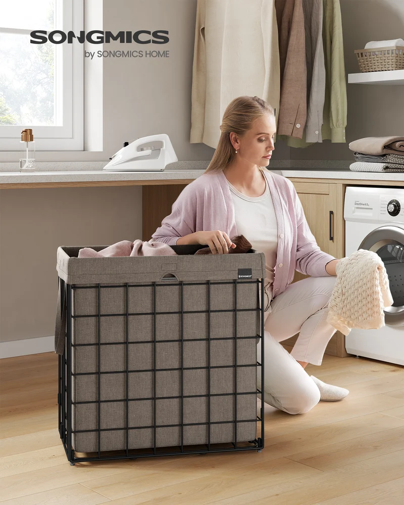 SONGMICS Laundry Hamper 29 Gal. Laundry Basket, Collapsible Clothes Hamper, Removable and Washable Liner for Bedroom Bathroom Black and Camel Brown