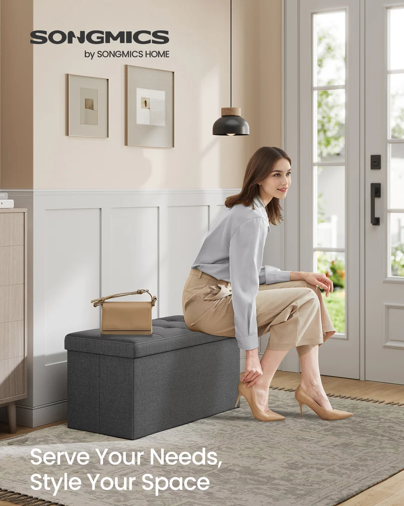 SONGMICS Storage Ottoman Bench, 15 x 30 x 15 Inches, Ottoman with Storage, End of Bed Bench, for Living Room, Bedroom, Dark Gray
