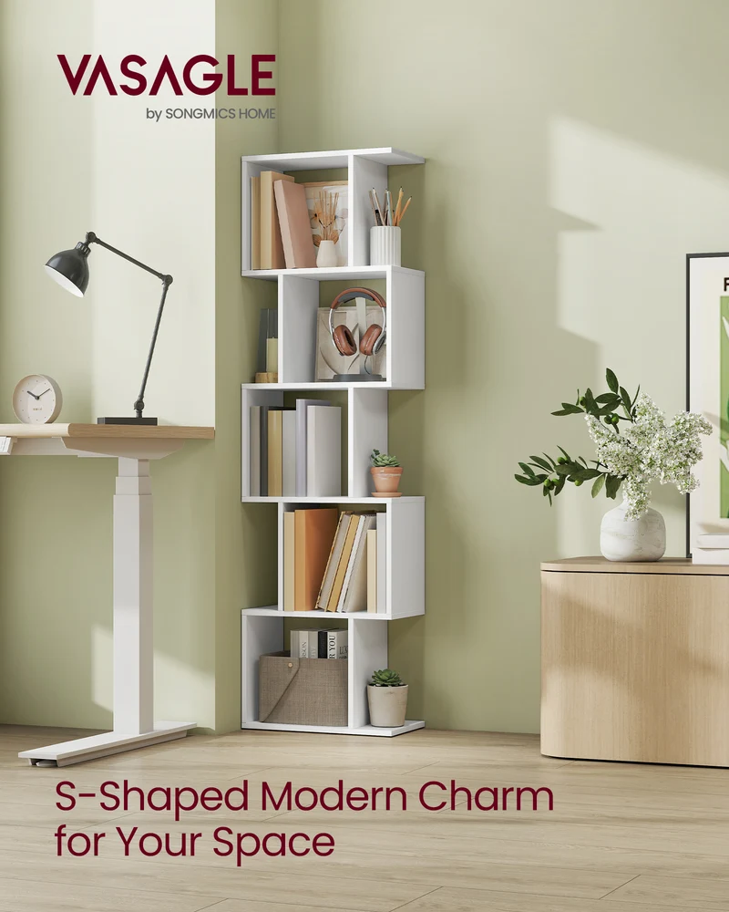 5-Tier Bookcase with S-Design, 62.6" Tall Storage Shelf, 10 Compartments & Anti-Tip Kit, Modern Organizer for Living Room Bedroom Office, Matte White