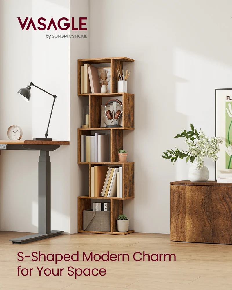 5-Tier Bookcase with S-Design, 62.6" Tall Storage Shelf, 10 Compartments & Anti-Tip Kit, Modern Organizer for Living Room Bedroom Office, Rustic Brown