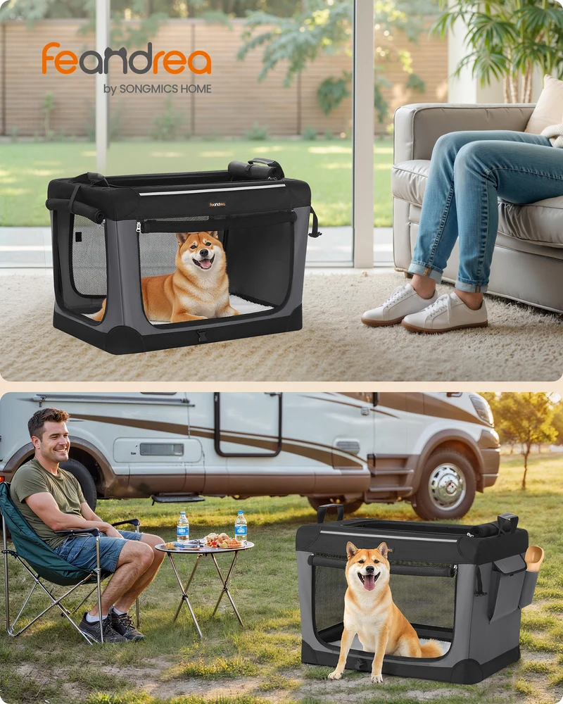 30-Inch Collapsible Dog Crate, Portable Pet Carrier with 4 Mesh Doors & Safety Zippers, Water-Resistant Soft Kennel for Medium Dogs, Ink Black