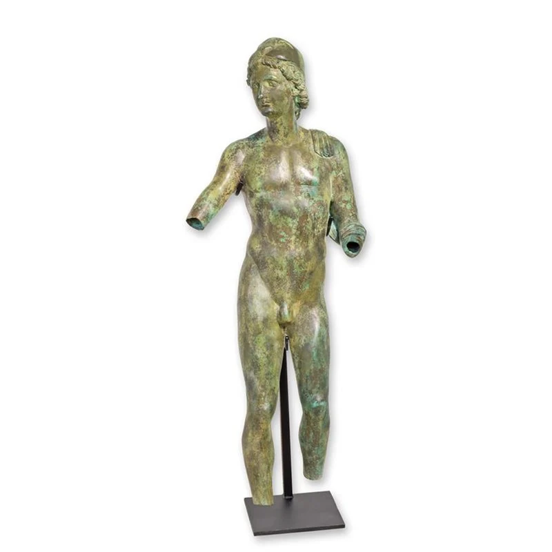 Casa Padrino Luxus Bronze Skulptur Antiker Jüngling Torso Grün / Bronze 44 x 24 x H. 133 cm - Bronzefigur auf Metallständer - Große Deko Figur