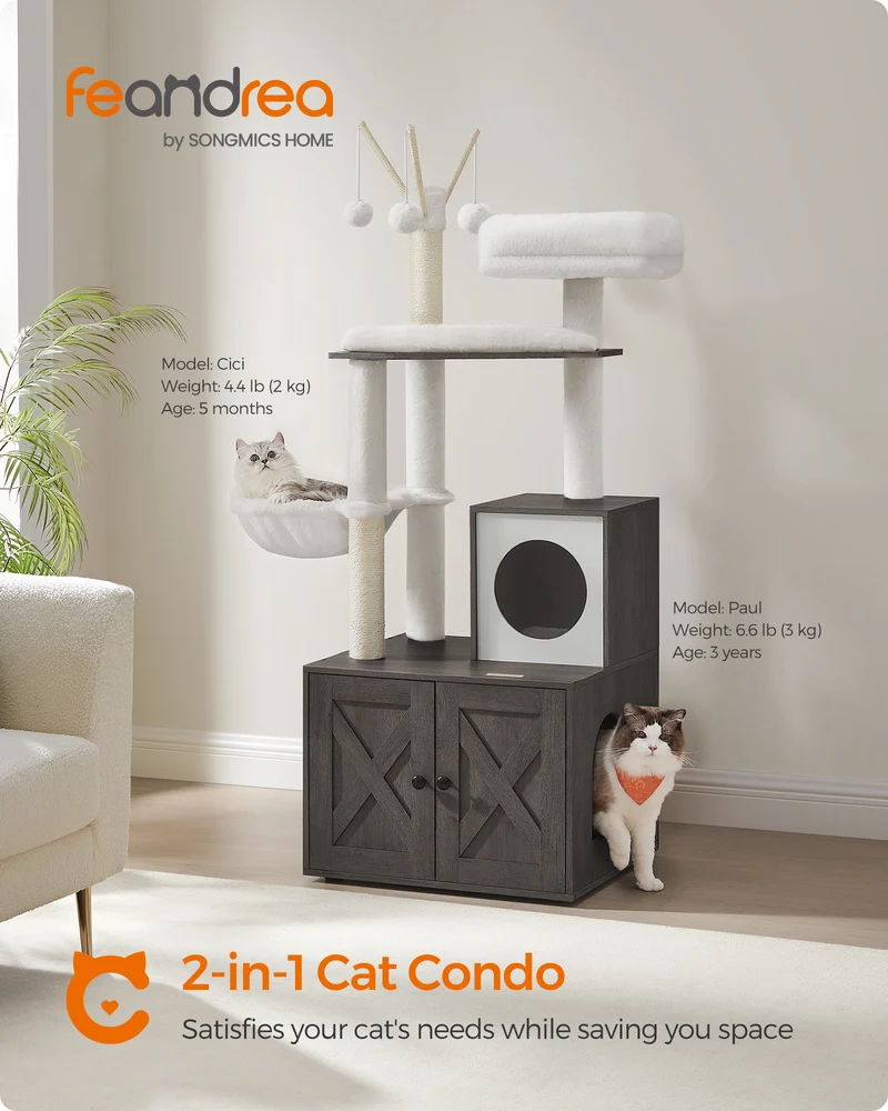 Modern Cat Tree with Litter Box Enclosure - 2-in-1 Cat Tower, 55.1-Inch Cat Condo with Scratching Posts, Removable Pompom Sticks - Misty Gray