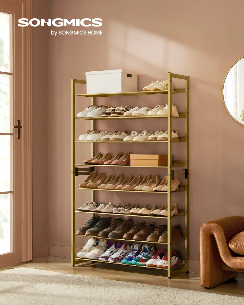 Set of 2 Pale Gold 8 - Tier Metal Shoe Racks. For garage use, with 4 - Tier stackable shelves, adjustable flat/angled. Holds 32 - 40 pairs.