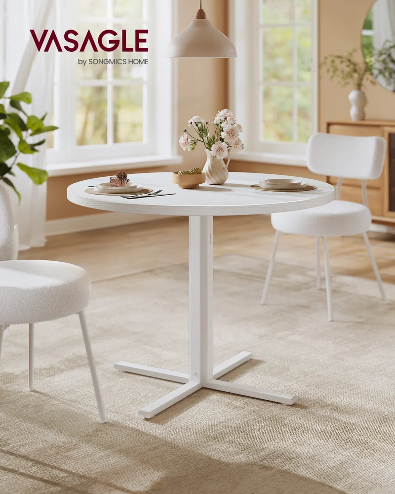 31.5" Round Dining Table for 4 - Farmhouse Kitchen Table with Water-Resistant Top & Steel Frame, White