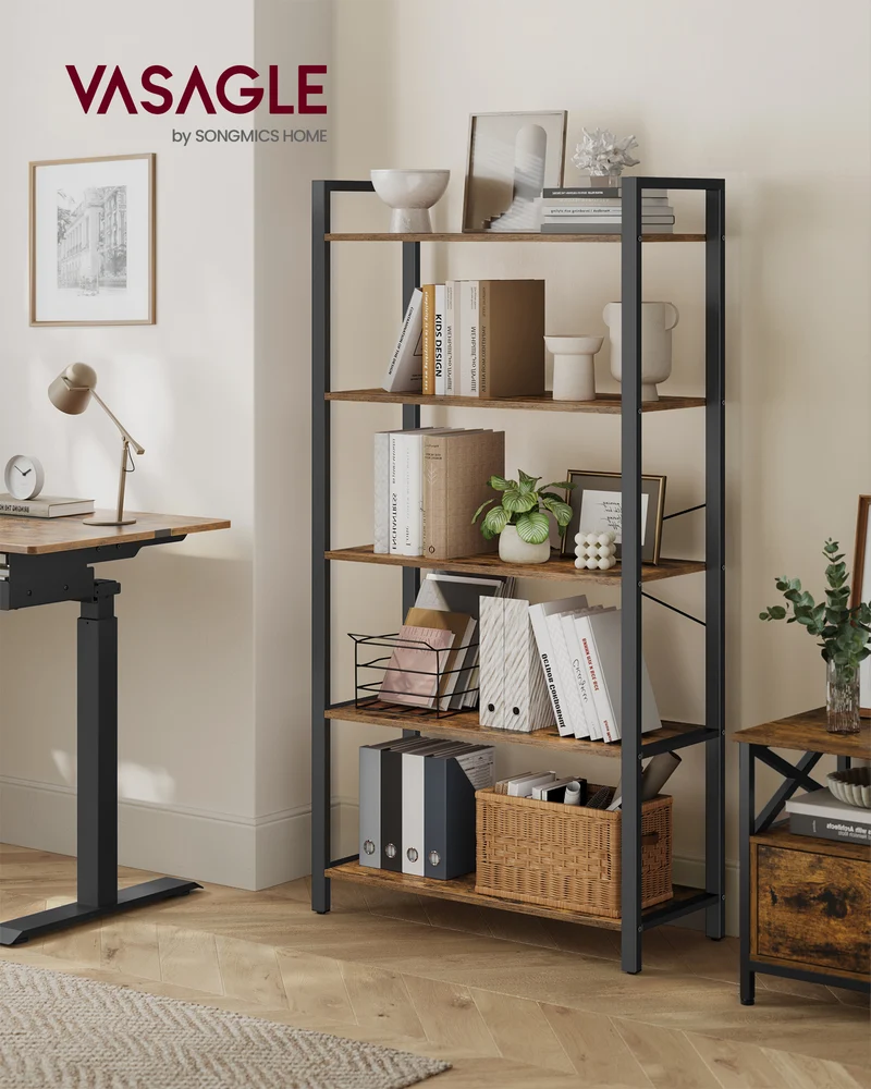 ALINRU Bookshelf 5-Tier Storage Rack with Steel Frame for Living Room Office Study Hallway Industrial Style Rustic Brown and Black
