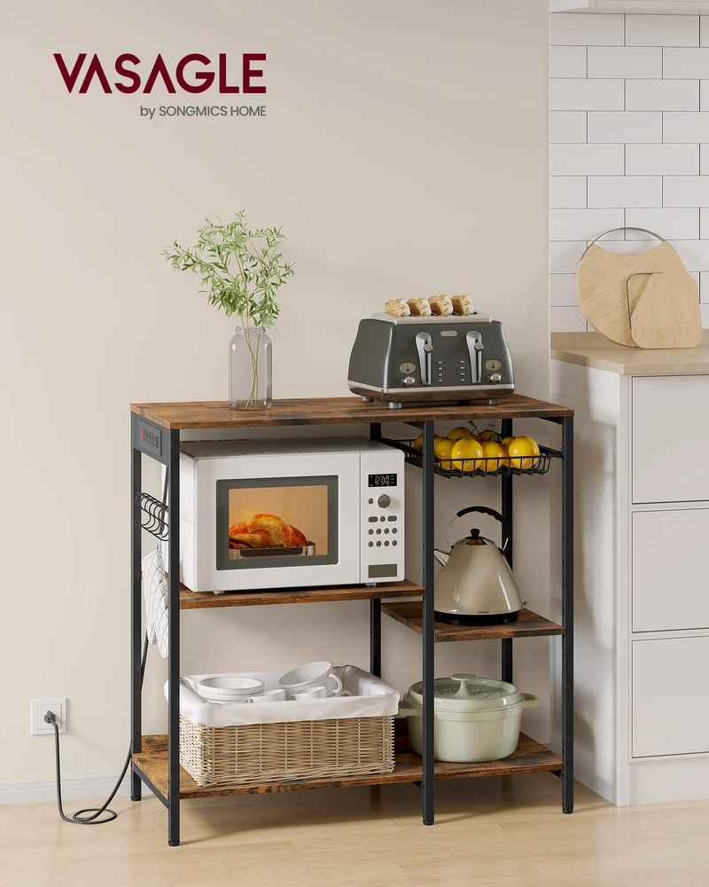 Baker's Rack, Coffee Bar Stand with Charging Station, Storage Shelves, 15.7 x 35.4 x 35.6 Inches, Rustic Brown