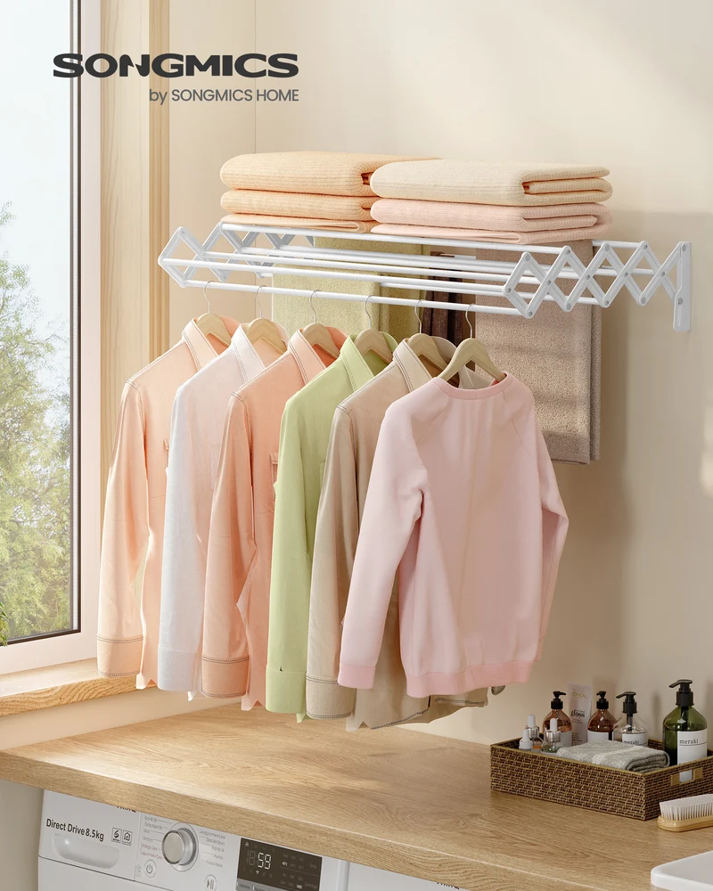 Wall-Mounted Accordion Drying Rack with 9 Expandable Rods, 33 lb Capacity Space-Saving Laundry Rack, Cloud White