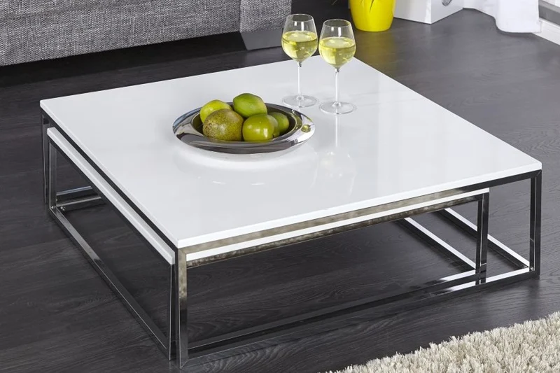 2er Set Design Couchtisch MENTO weiss hochglanz 75cm Edelstahl