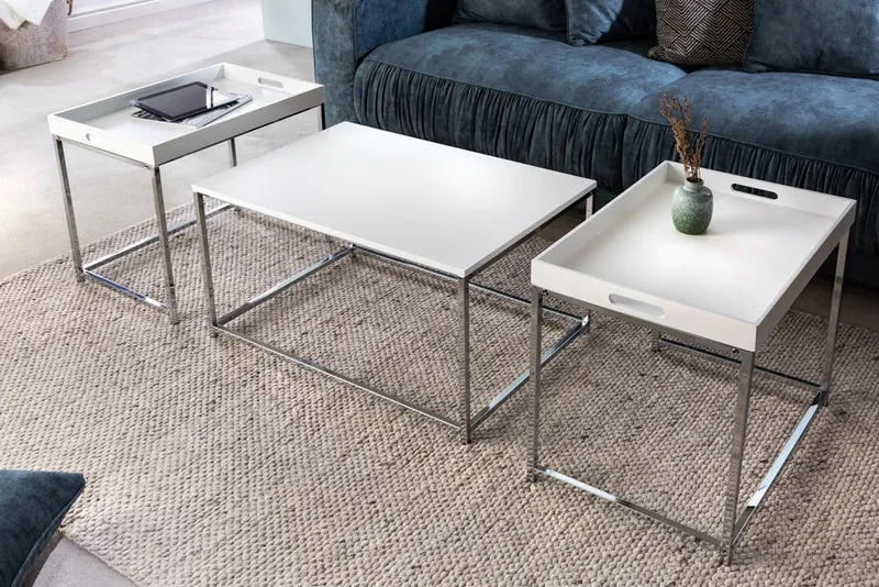 Lounge 3er Couchtisch-Set MENTO weiss abnehmbare Tabletts 75cm Chrom