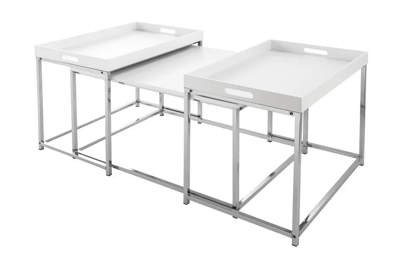 Lounge 3er Couchtisch-Set MENTO weiss abnehmbare Tabletts 75cm Chrom