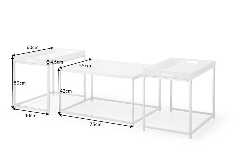 Lounge 3er Couchtisch-Set MENTO weiss abnehmbare Tabletts 75cm Chrom