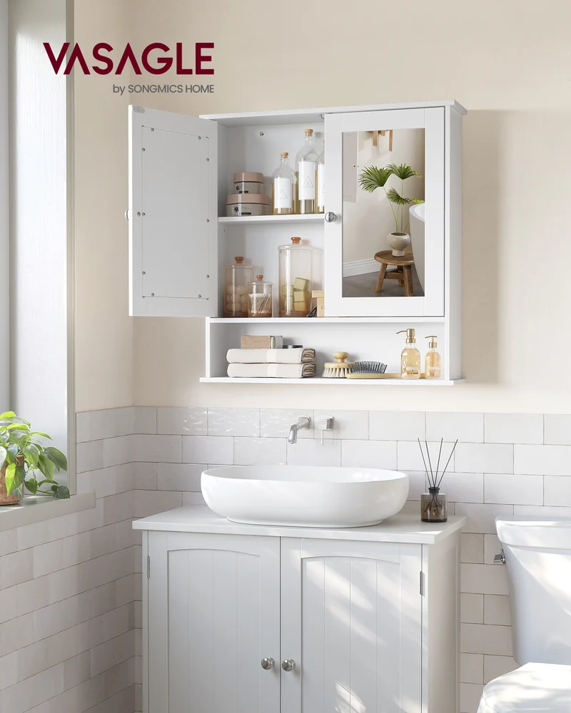 Wall-Mounted Bathroom Cabinet, White Wall Cabinet featuring 2 Mirrored Doors, Adjustable Shelf, Open Compartment, 5.9 x 25.6 x 29.5 Inches