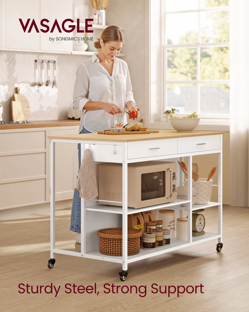 Kitchen Rolling Island Cart with 2 Drawers and Adjustable Shelves, 648 lb Capacity Mobile Workstation on Locking Wheels, 43.3" Wide, Beige and White