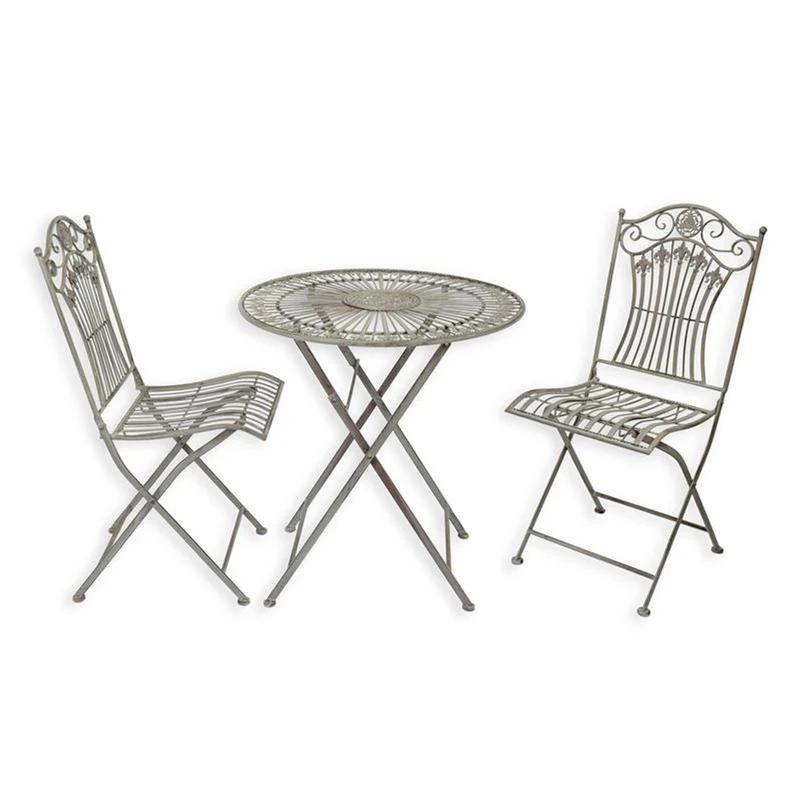 Casa Padrino Jugendstil Gartenmöbel Set Altgrau Tisch und 2 Stühle - Bistro Set aus Eisen - Klappbare Balkon Möbel - Gartenmöbel im Jugendstil