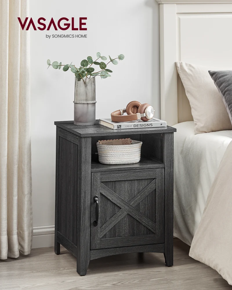 Farmhouse Nightstand with Barn Door Bedside Table with Storage, Side End Table, Night Stand Featuring Open Compartment for Bedroom, Charcoal Gray