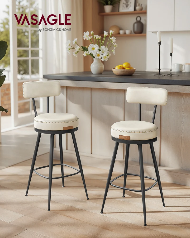 Set of 2 Cream White Bar Stools with Back, 360° Swivel Counter Height Stools, Mid-Century Modern Design, PU Leather Upholstery, 25.6 Inch