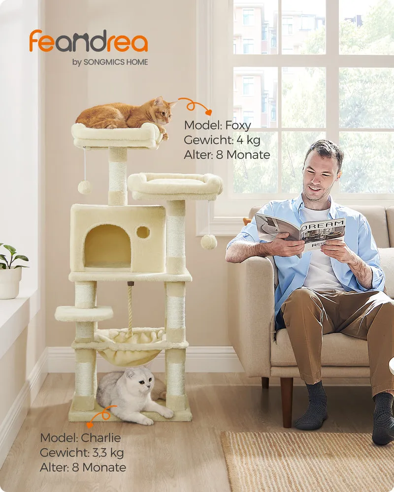 Cat Tree 44.1-Inch Cat Tower for Indoor Cats, Multi-Level Cat Condo with 11 Scratching Posts, 2 Perches, Cave, Hammock, Beige