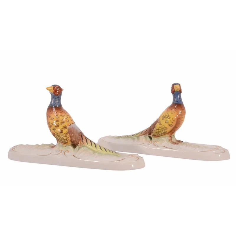 Casa Padrino Luxus Porzellan Briefbeschwerer 2er Set Fasane Weiß / Bunt / Gold 5,8 x 20,5 x H. 10,2 cm - Tierfiguren - Schreibtisch Deko