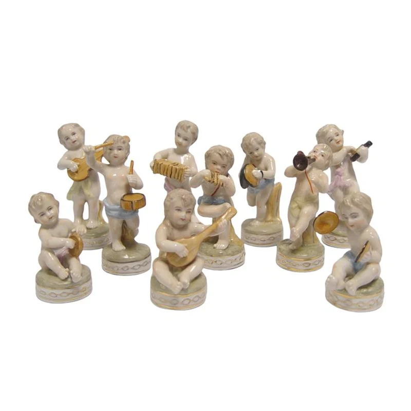 Casa Padrino Luxus Porzellan Figuren Set 10 Musizierende Putten Weiß / Bunt / Gold 7 x H. 11 cm - Porzellanfiguren Kapelle - Barock Deko
