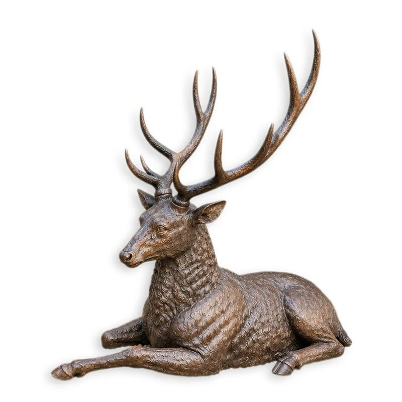 Casa Padrino Luxus Bronze Skulptur Liegender Hirsch Kopf Links Bronze / Braun 235 x H. 180 cm - Lebensgroße Bronzefigur - Riesige Gartenfigur - Garten Deko