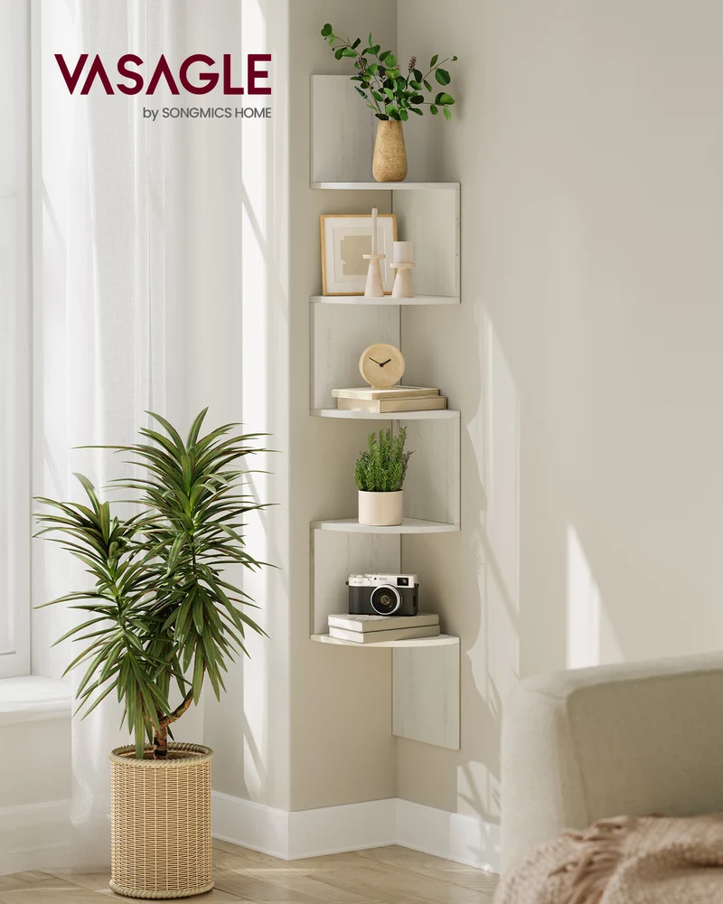 5-Tier Wall Mounted Corner Shelf, 49.6 Inch Floating Bookshelf with Zigzag Design, Rustic White Plant Shelf for Living Room Bathroom