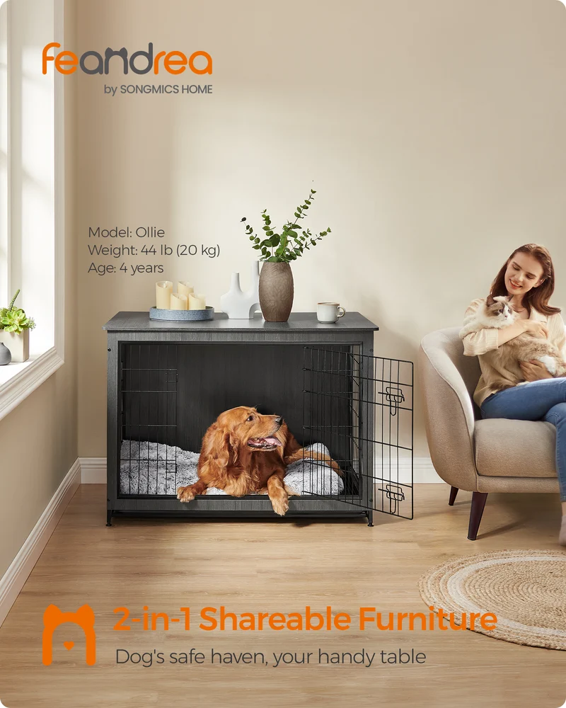 Wooden Dog Crate Furniture,Double-Doors Kennel for Dogs Indoor up to 80 lb, Removable Tray, End Table Dog Crate for Decoration 44.1"L x 29.5"W x 32.3"H, Ink Black