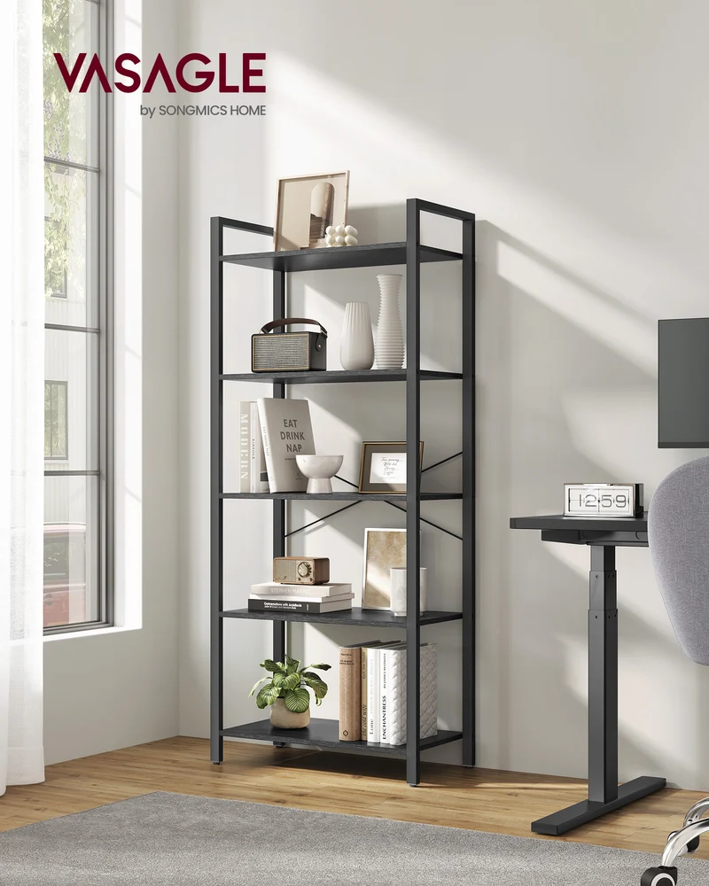 5-Tier Tall Bookshelf, Bookcase with Steel Frame, Book Shelf for Living Room, Home Office, Study, 11.8 x 26 x 60 Inches, Industrial Style