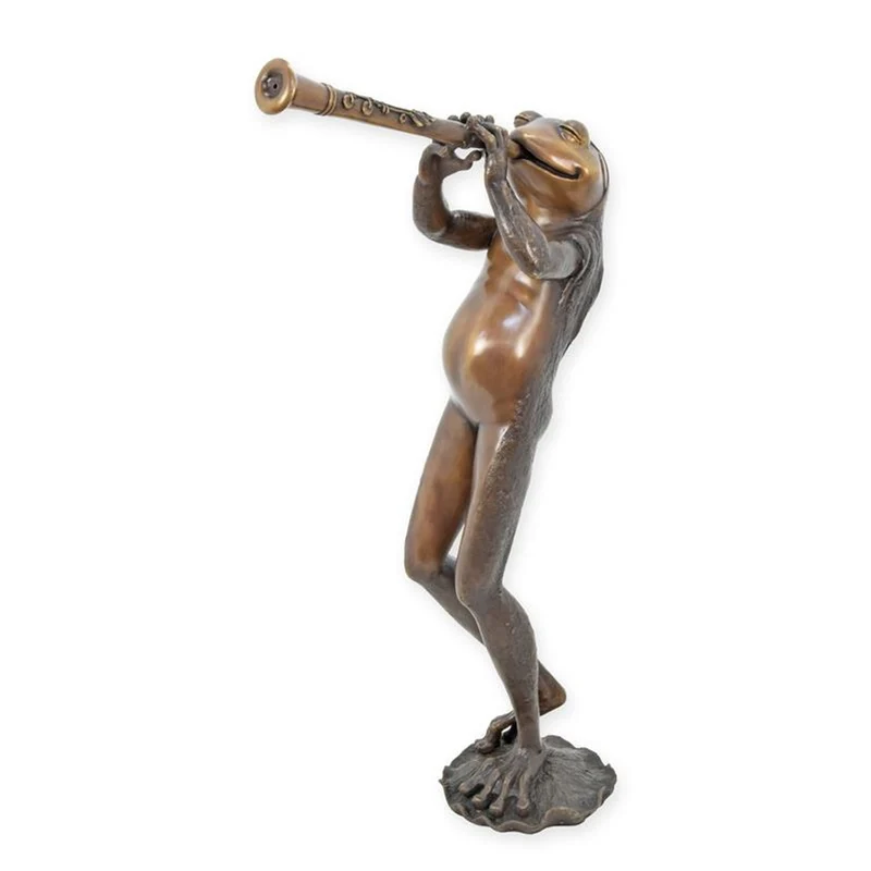 Casa Padrino Luxus Bronze Brunnen Frosch mit Trompete Bronze / Gold / Braun 48 x 20 x H. 93 cm - Gartenbrunnen - Wasserspiel - Garten Deko