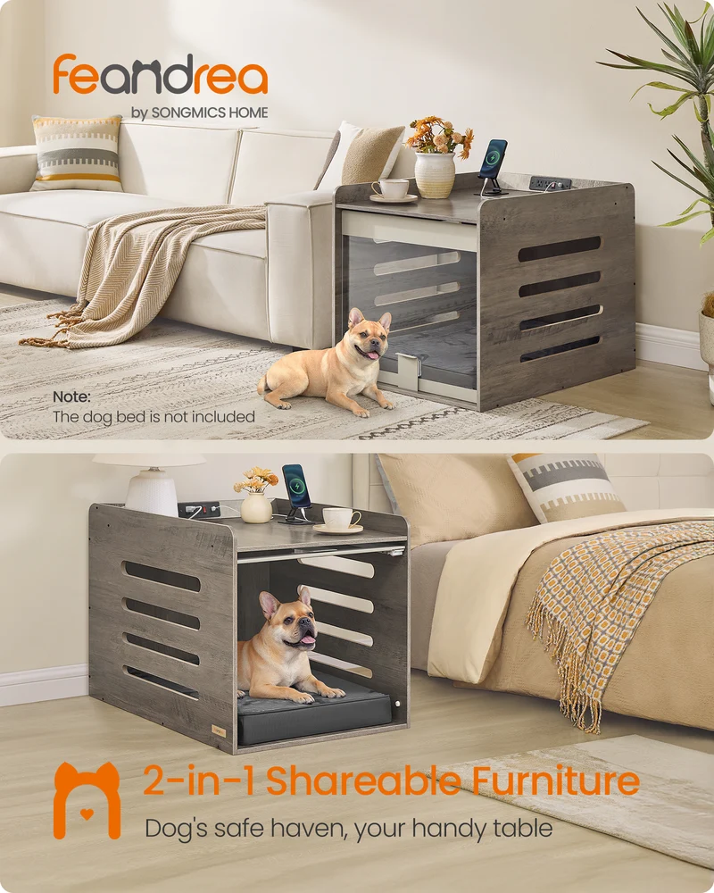 Heather Greige Modern Dog Crate. Has charging station & flip - up acrylic door. Fits small/medium dogs (≤45 lb). Doubles as side end table.