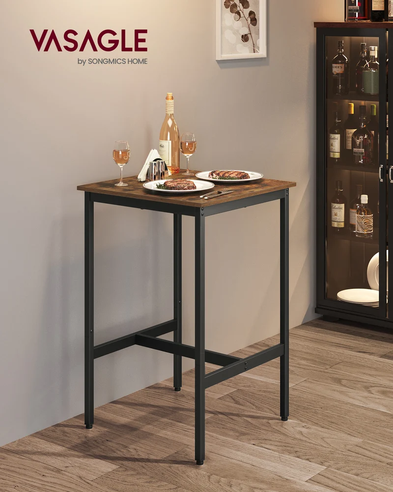 Bar Height Table Small Table Rustic Brown and Black Metal Frame Cocktail Table for Living Room Party