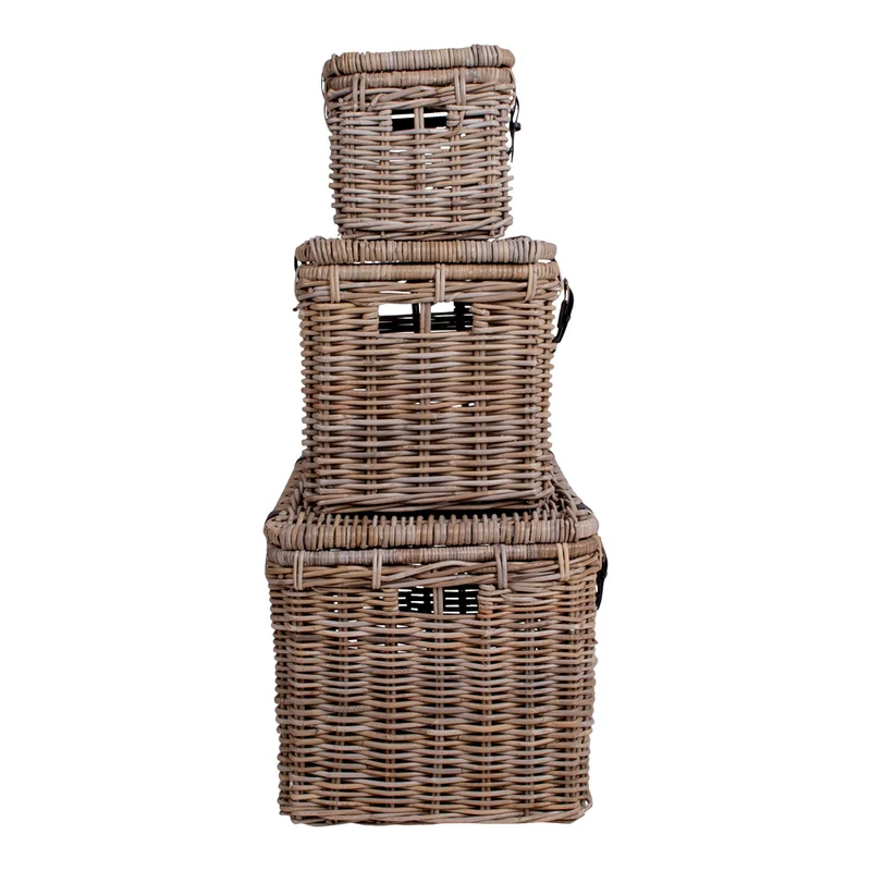3 tlg.Truhen-Set KOPED Kubu-Rattan + Ledergriffen