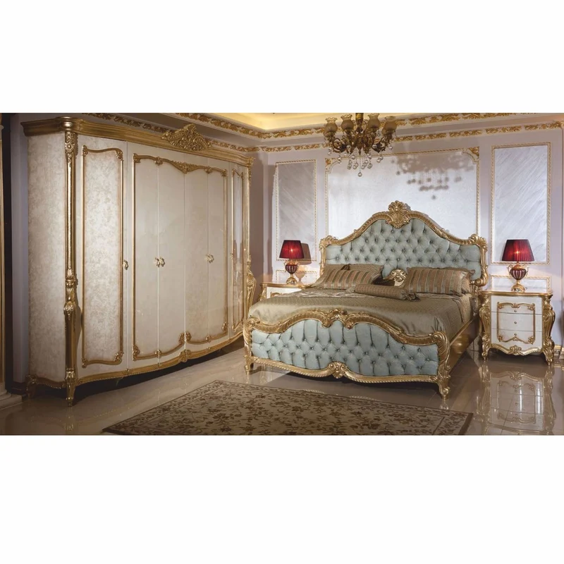 Casa Padrino Luxus Barock Doppelbett Hellblau / Gold 180 x 200 cm - Prunkvolles Barockstil Bett - Barock Schlafzimmer & Hotel Möbel