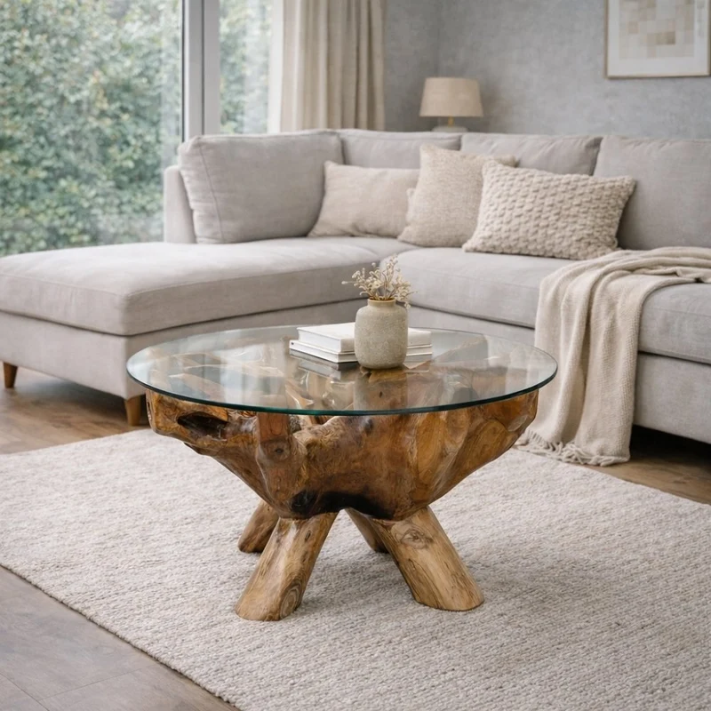 Individueller Teak Couchtisch ZONAS natural 110cm mit Glasplatte
