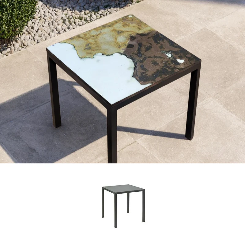 Casa Padrino Luxus Jugendstil Gartentisch Marmoriert Braun 70 × 70 cm - Quadratischer Esstisch aus handbemaltem Lavastein - Gastronomie Möbel - Made in Italy
