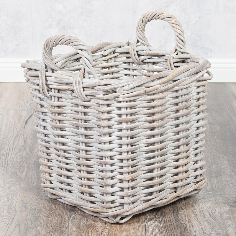 Landhaus Rattankorb BAKUL eckig White 30x30cm mit Griffen