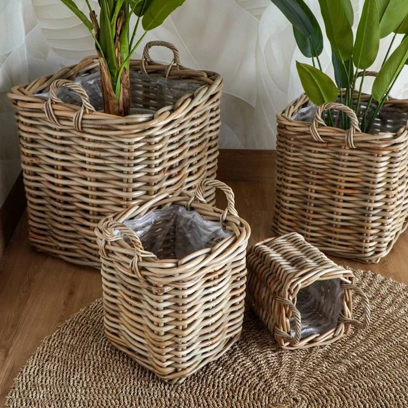 Natur-Rattankorb BAKUL eckig Grey 50x50cm mit Griffen Handarbeit