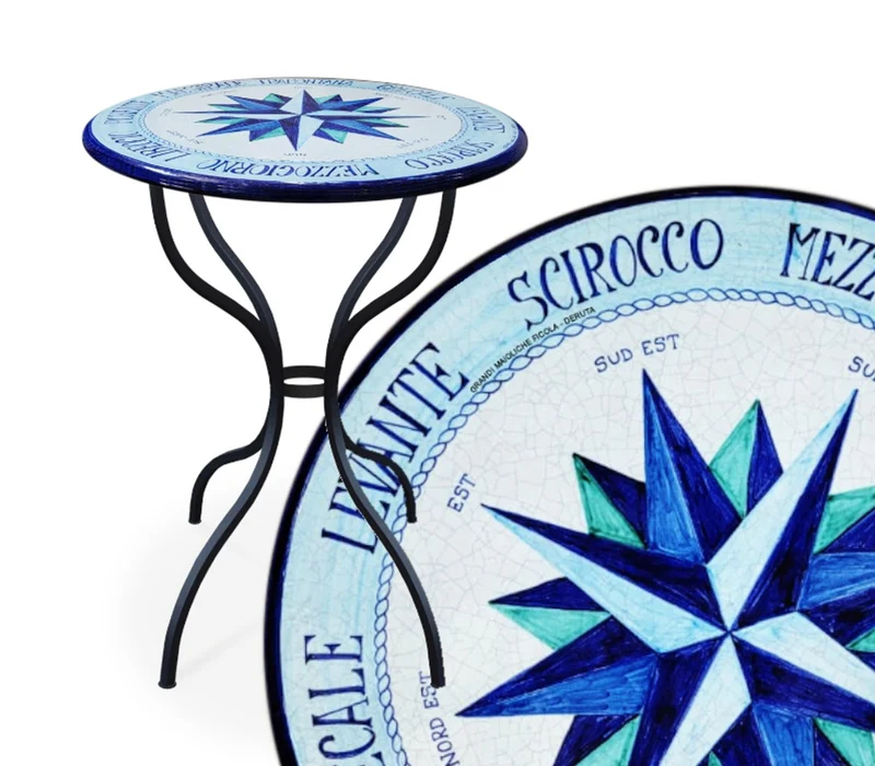 Casa Padrino Luxus Jugendstil Gartentisch Windrose Blau Ø 60 cm - Runder Esstisch aus handbemaltem Lavastein - Gastronomie Möbel - Made in Italy