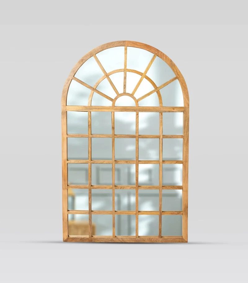 Casa Padrino Luxus Wandspiegel Naturbraun 100 x 5 x H. 159 cm - Fensterspiegel mit Rundbogen
