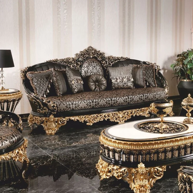 Casa Padrino Luxus Barock Sofa Schwarz / Gold 290 cm - Prunkvolles Barock Wohnzimmer Sofa - Barock Wohnzimmer Möbel