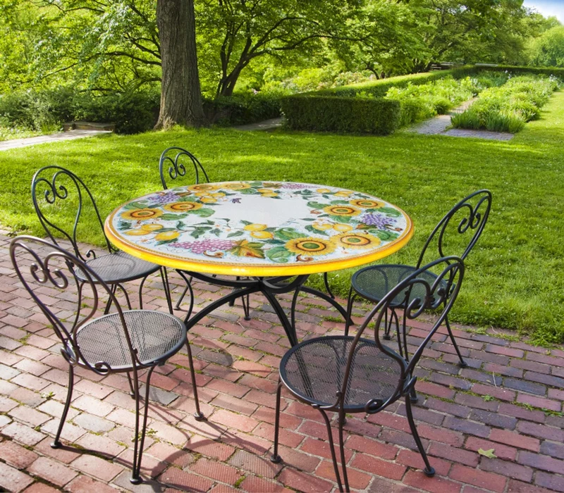 Casa Padrino Luxus Jugendstil Gartentisch Trauben, Zitronen und Sonnenblumen Ø 120 cm - Runder Esstisch aus handbemaltem Lavastein - Gastronomie Möbel - Made in Italy
