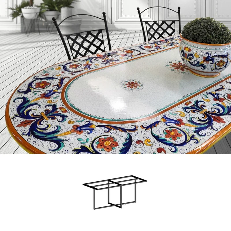 Casa Padrino Luxus Jugendstil Gartentisch Ornamentbordüre 200 × 100 cm - Ovaler Esstisch aus handbemaltem Lavastein - Gastronomie Möbel - Made in Italy