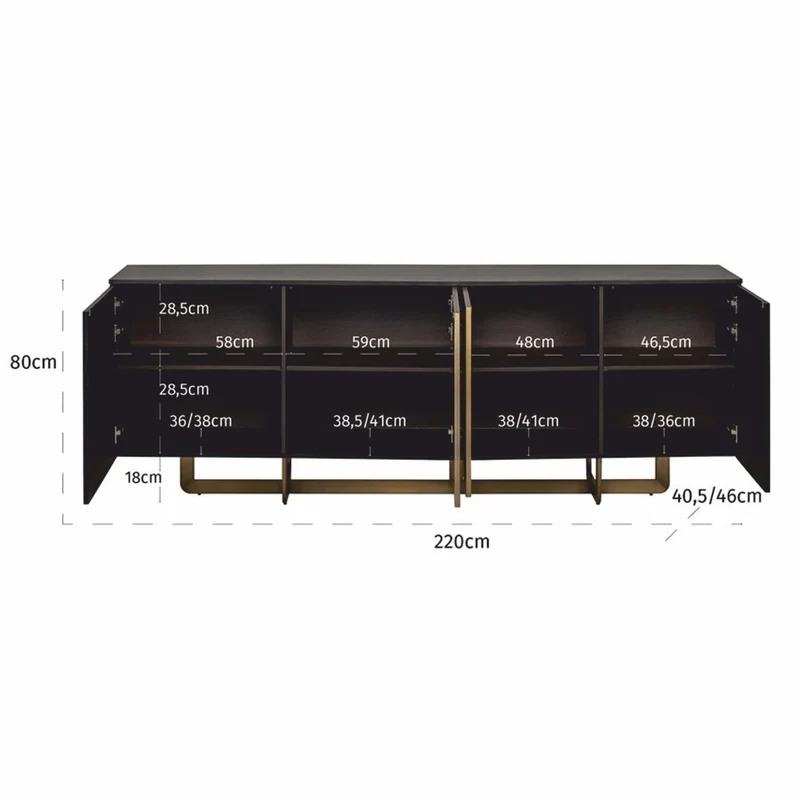 Casa Padrino Luxus Sideboard mit 4 Türen Schwarz / Messing 220 cm - Luxus Möbel - Luxus Interior