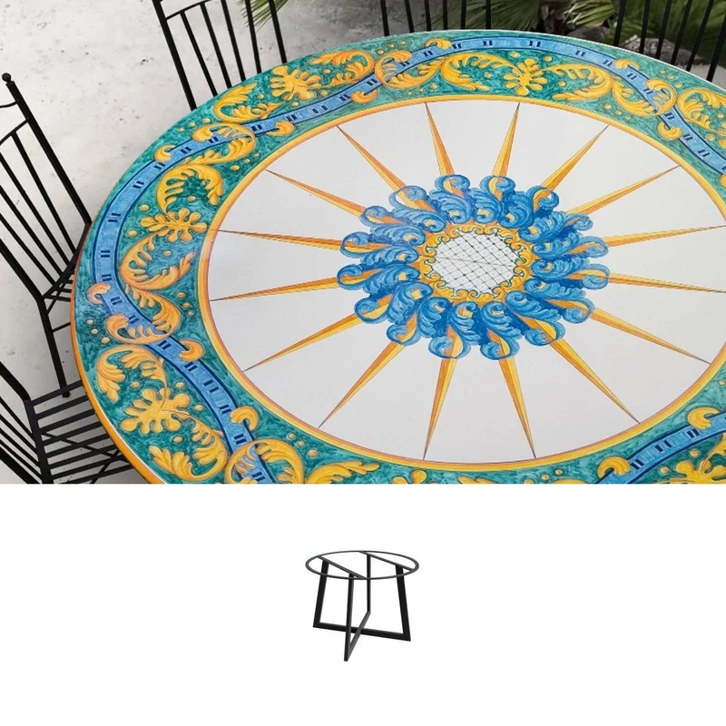 Casa Padrino Luxus Jugendstil Gartentisch Sonnenstern Ø 160 cm - Runder Esstisch aus handbemaltem Lavastein - Gastronomie Möbel - Made in Italy