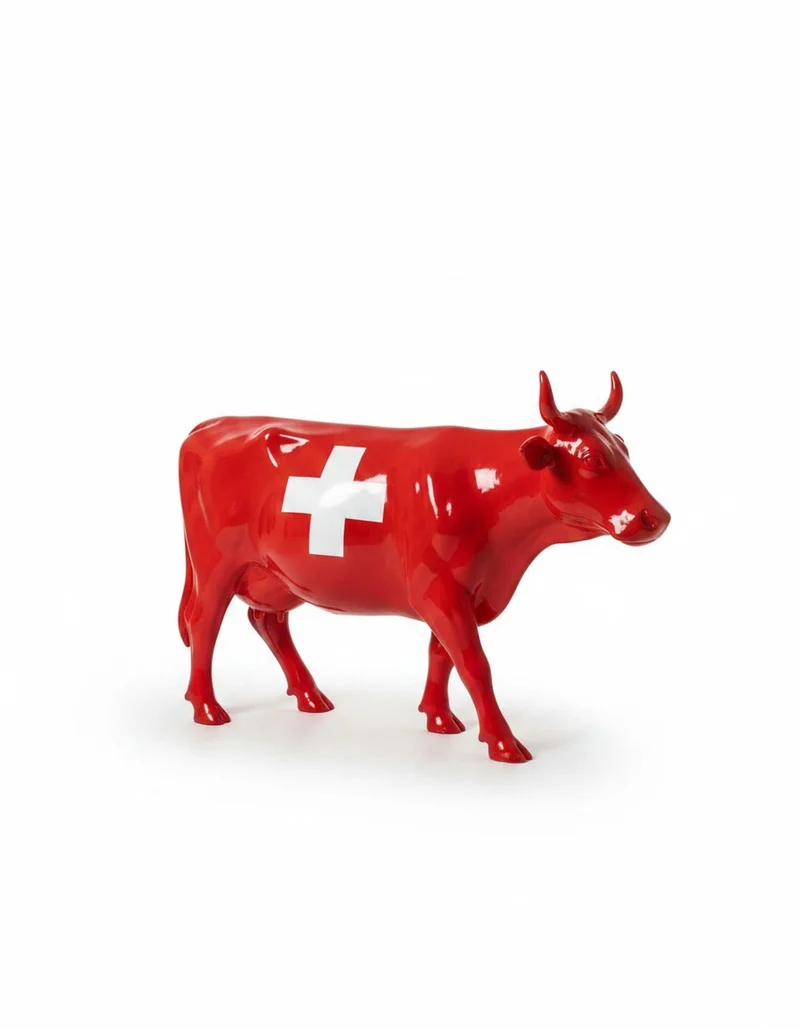 Casa Padrino Luxus Deko Skulptur Kuh Schweizer Flagge H. 147 cm - Riesige Gartenskulptur - Lebensgroße Skulptur - XXL Deko Skulptur - XXL Deko Figur