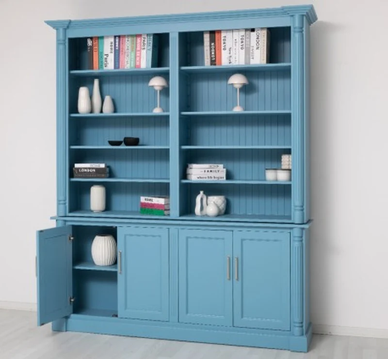 Casa Padrino Bücherregal im Landhausstil Himmelblau mit 4 Türen und Aufsatz, 204 x 42 x 240 cm