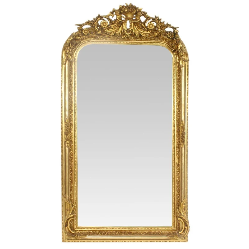 Casa Padrino Barock Spiegel Gold 85 x H. 160 cm - mit Blumenkorb Bekrönung - Prunkvoller Wandspiegel im Barockstil - Antik Stil Garderoben Spiegel - Wohnzimmer Spiegel - Barock Möbel