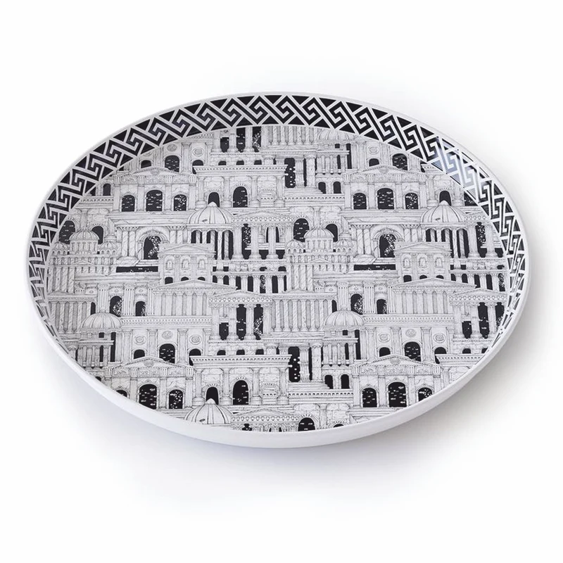Casa Padrino Luxus Serviertablett Weiß / Schwarz Ø 40 cm - Rundes Metall Tablett - Gastronomie Accessoires - Handbemalt in Italien