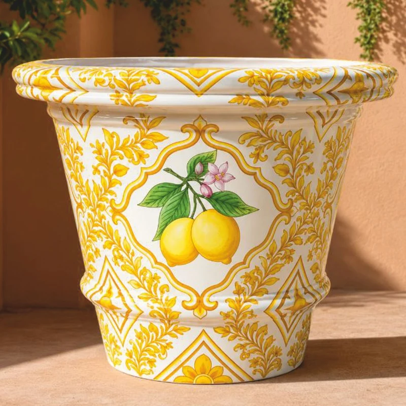 Casa Padrino Luxus Blumentopf Weiß / Gelb / Bunt Ø 80 x H. 63 cm - Garten Deko